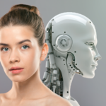 Image of a woman with a humanoid robot at the back.