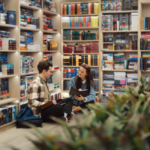 Young man and woman discussing books in a cozy library.