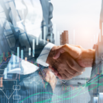 Handshake of businessmen in abstract background of finance images.