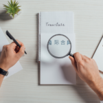View of a translator holding a magnifying glass on a note while writing on the other hand.