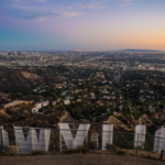 Hollywood sign and cityscape.