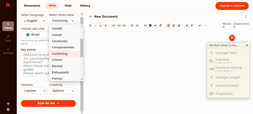 Rytr interface.