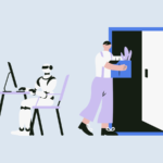 Flat vector illustration of a humanoid AI bot replacing a human worker.