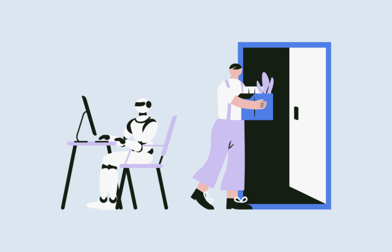 Flat vector illustration of a humanoid AI bot replacing a human worker.