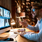 Businessman having an virtual conference meeting in a study room.