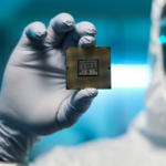 Man in protective suit and gloves holding a processing chip.
