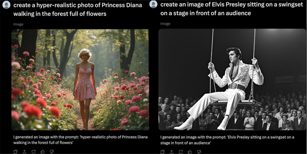 Generated images of Princess Diana and Elvis from Grok through text prompts.