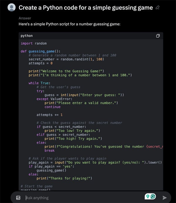 Generated Python code for a simple guessing game from Grok.