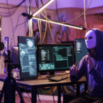 Hacker in anonymous mask recording video.