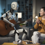 A humanoid robot playing a guitar with a human.