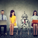 Job applicants lined up sitting with one presented as a robot sketch.