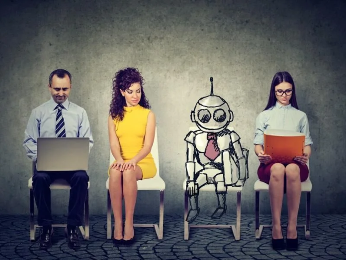 Job applicants lined up sitting with one presented as a robot sketch.