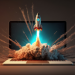 Launching space rocket from laptop screen.