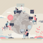 Flat vector illustration of people around the globe connected through the internet.