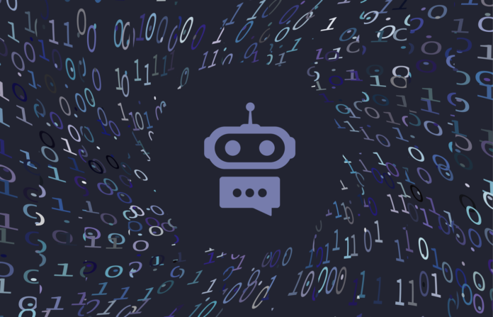 Vector isolated illustration of a bot surround with swirling binary values.