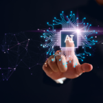 Person interacting with a virtual AI interface.
