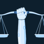 Flat vector illustration of a robot arm holding up a balance scale.