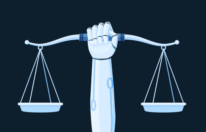 Flat vector illustration of a robot arm holding up a balance scale.