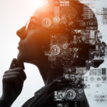 Profile of a woman thinking with various AI related data and graphic imagery.