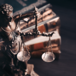 Statue of Lady Justice in a library.