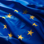 The EU flag fluttering in the wind.