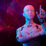 Humanoid robot exploring in cyberspace.