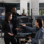 Multi ethnic web developers writing script while talking.