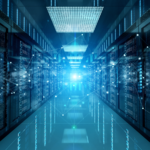 Virtual connection link overlay on data center hallway background.