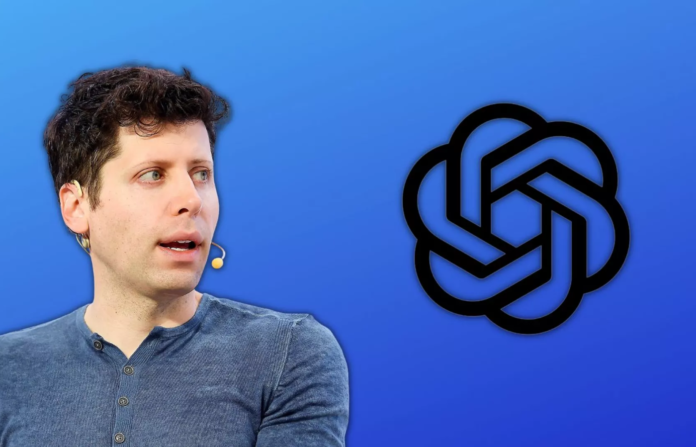 Sam Altman and the logo of OpenAI on blue background.