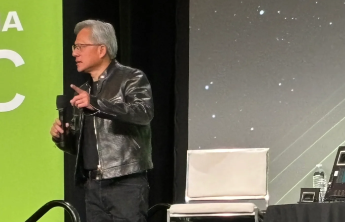 Caption: NVIDIA CEO Jensen Huang speaks during a press Q&A during NVIDIA GTC in San Jose, California on March 19.