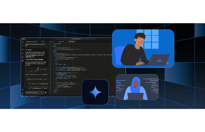 Flat vector illustration of programmers encoding with snippets of code.