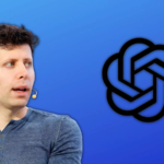 Sam Altman and the logo of OpenAI on blue background.
