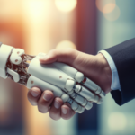 Robot and executive shaking hands.