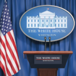 White House speaker podium with the US flag and logo on the background.