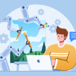 Flat vector illustration of a man using a laptop with robot arms working on an artpiece on the background.