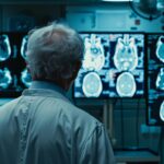 A doctor in a white lab coat examines X-ray images on multiple monitors in a dimly lit medical facility, focusing on the detailed scans.