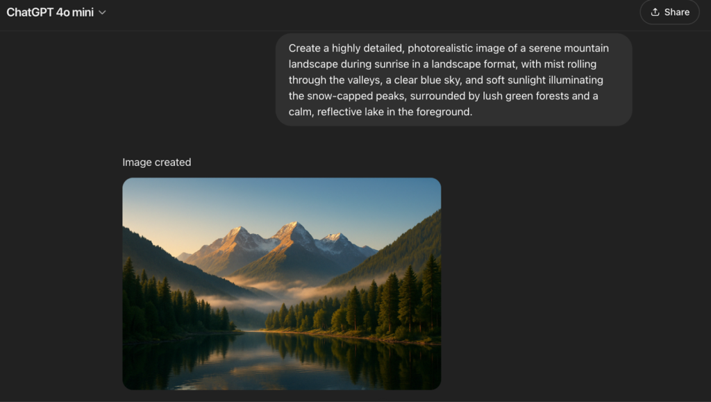The image that ChatGPT generated is a highly vivid and realistic portrayal of a mountain landscape at sunrise, all depicted with stunning detail.