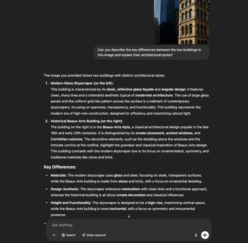 ChatGPT processed the uploaded image by identifying and comparing the architectural styles of the two buildings and then summarizing their key differences.