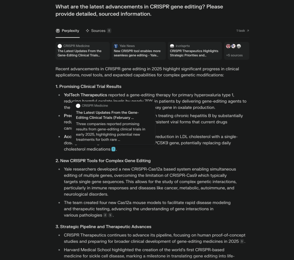 Perplexity AI excels in generating accurate responses by displaying multiple and recent cited sources, presenting quantifiable results, and structuring information in a well-organized format.