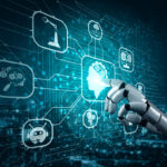 An AI robot hand pointing at several functions of AI technology.