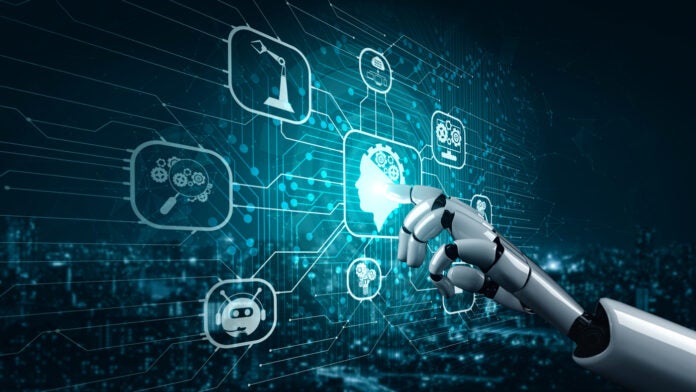 An AI robot hand pointing at several functions of AI technology.