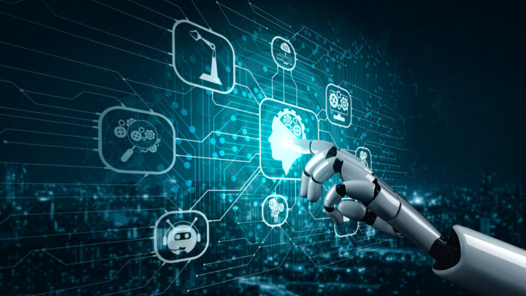 An AI robot hand pointing at several functions of AI technology.