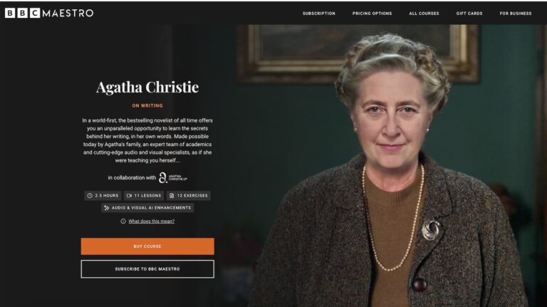 Screenshot of BBC Maestro site featuring the Agatha Christie writing course.