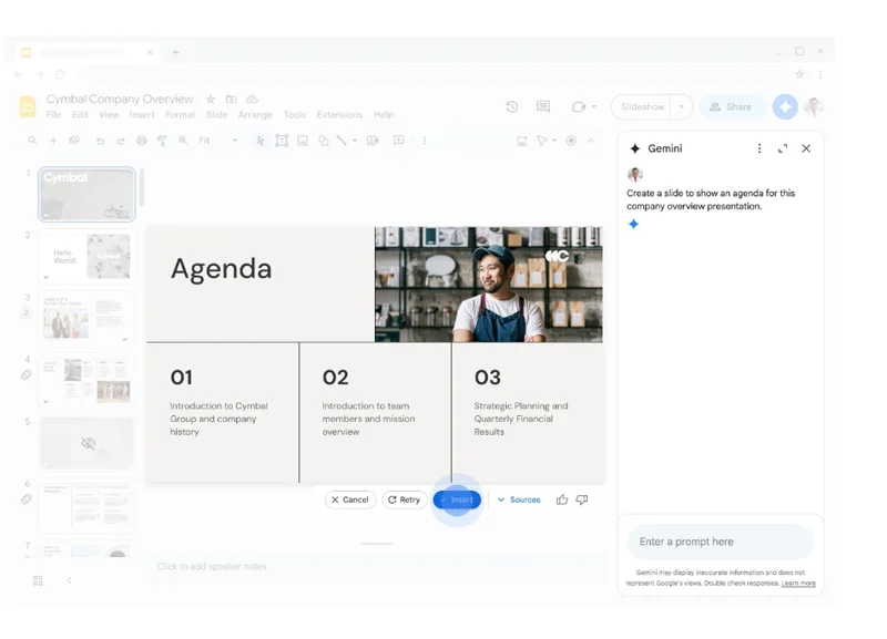  Gemini integrates with Google Slides and generates slide elements based on your prompts.