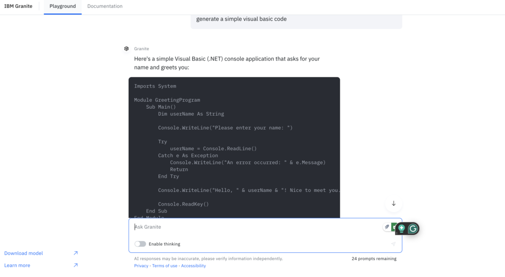 Used IBM Granite to generate a random Visual Basic code.