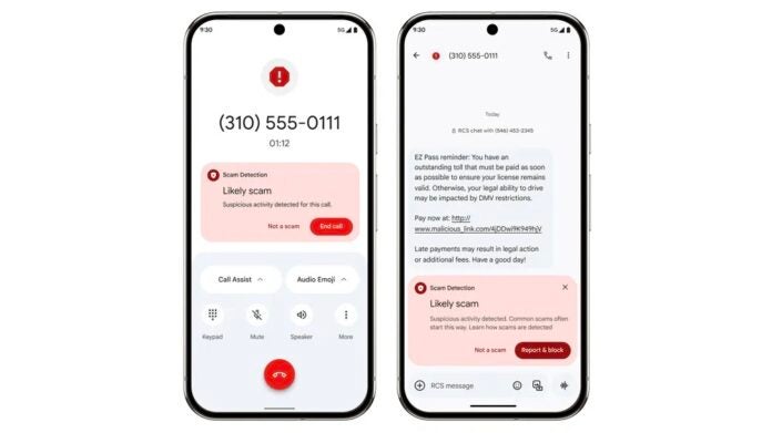 Google image of an Android device with scam detection features.