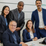 A group of business people gathering inside an office.