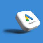 Google Ads logo on blue background.