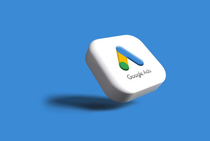 Google Ads logo on blue background.