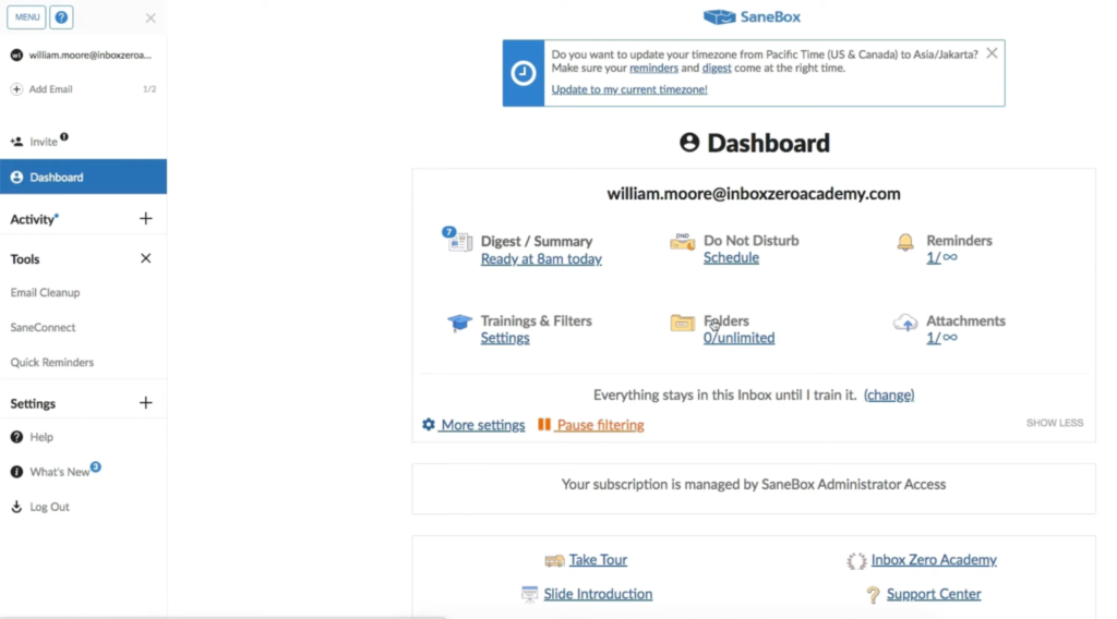SaneBox dashboard.